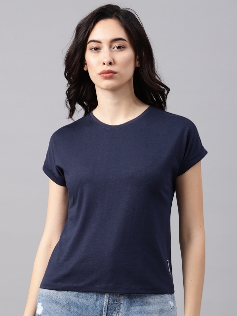 

NUSH Women Navy Blue Solid Round Neck T-shirt