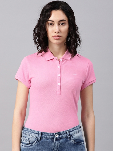 

NUSH Women Pink Solid Polo Collar T-shirt