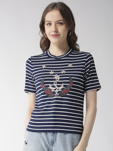 

Madame Women Navy Blue & White Striped Round Neck