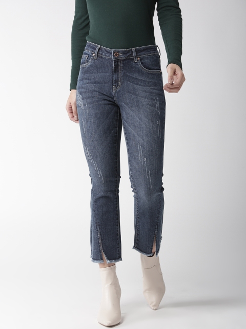 

Madame Women Navy Blue Regular Fit Mid-Rise Low Distress Stretchable Cropped Jeans