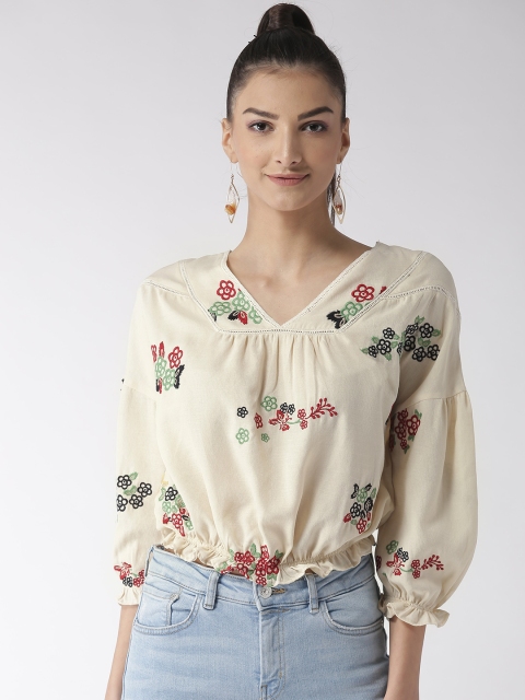 

Madame Women Beige Embroidered Blouson Top