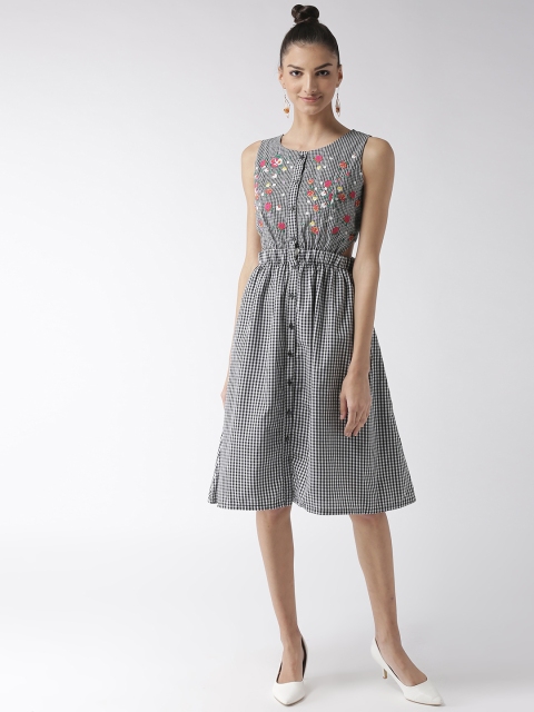

Madame Women Black & White Checked Fit and Flare Dress