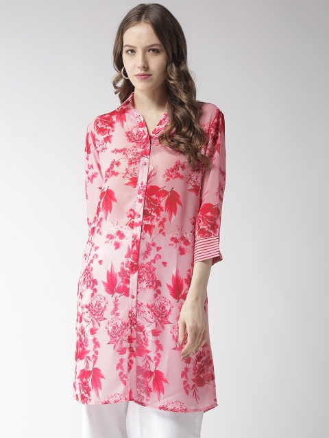 

Madame Women Pink & Red Floral Print Semi Sheer Longline Casual Shirt