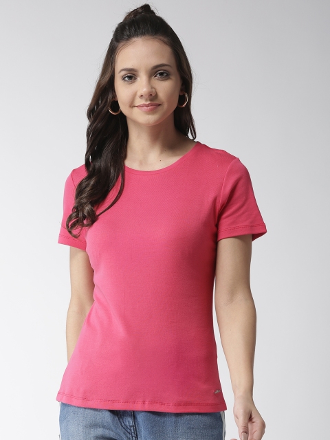 

Madame Women Pink Solid Round Neck T-shirt