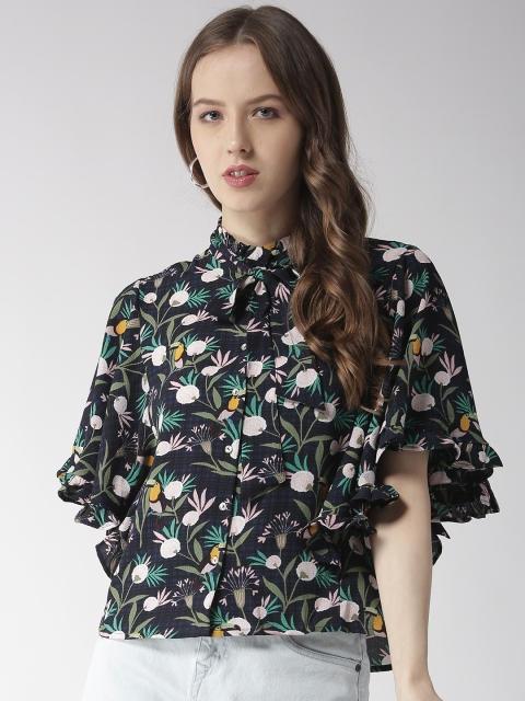 

Madame Women Navy Blue Printed Shirt Style Top