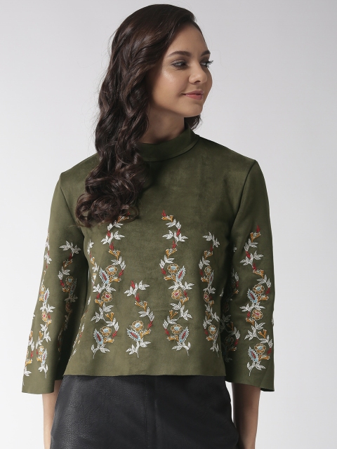 

Madame Women Olive Green Embroidered Top