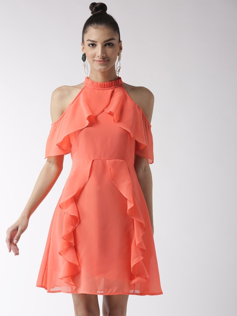 

Madame Women Coral Orange Ruffled Cold Shoulder Fit and Flare Dress