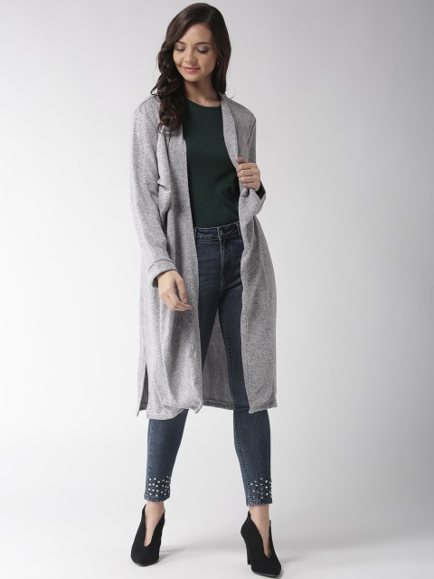 

Madame Women Grey & Navy Blue Solid Waterfall Longline Shrug