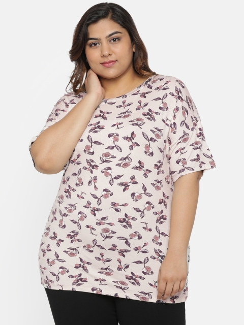 

aLL Plus Size Women Beige Printed Round Neck T-shirt