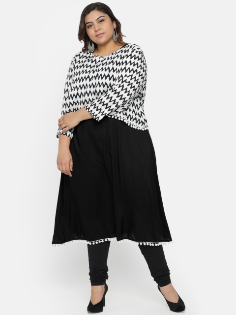 

aLL Plus Size Women White Black Printed A-Line Layered Kurta
