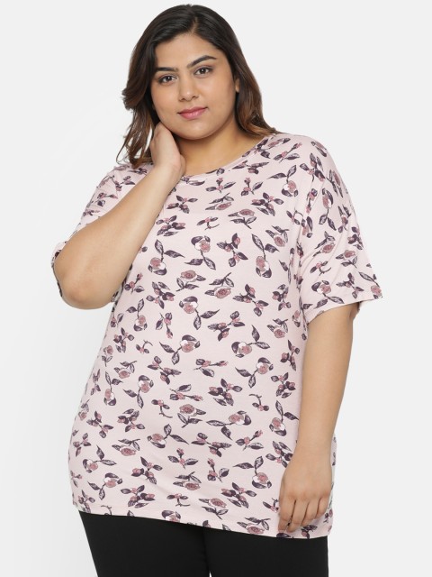 

aLL Plus Size Women Beige Printed Round Neck T-shirt