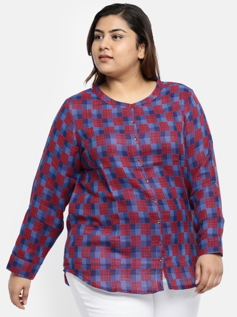 

aLL Plus Size Women Maroon Blue Printed Shirt Style Top