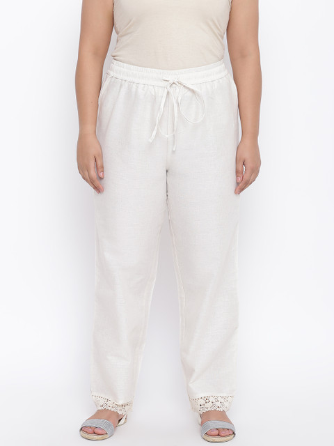 

aLL Plus Size Women Off-White Solid Regular Trousers