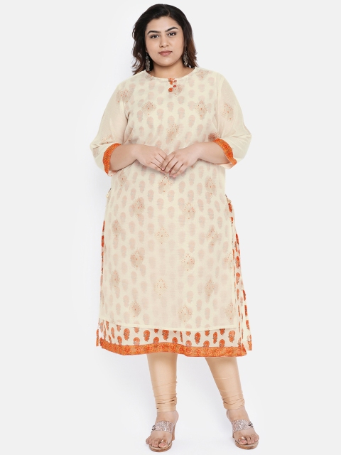 

aLL Plus Size Women Cream-coloured Orange Printed Straight Kurta