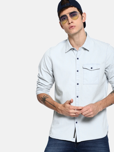 

SINGLE Men Blue Slim Fit Faded Denim Shirt