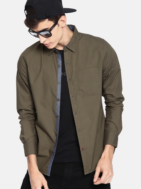 

SINGLE Men Olive Green Slim Fit Solid Casual Shirt