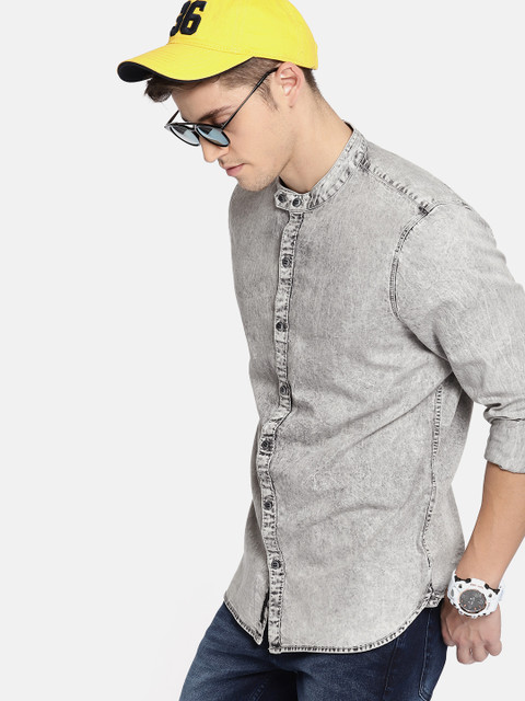 

SINGLE Men Grey Faded Casual Shirt