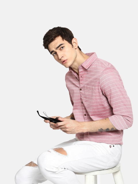 

SINGLE Men Pink & White Slim Fit Striped Casual Shirt