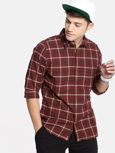 

SINGLE Men Rust Red & Beige Slim Fit Checked Casual Shirt