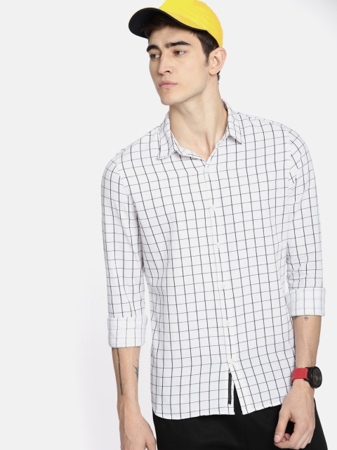 

SINGLE Men White & Navy Blue Slim Fit Checked Casual Shirt