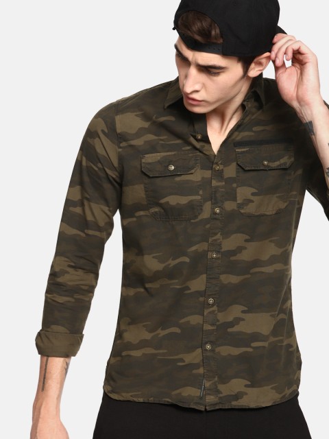 

SINGLE Men Olive Green Slim Fit Printed Casual Shirt