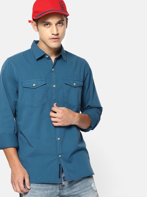 

SINGLE Men Teal Blue Slim Fit Solid Casual Shirt