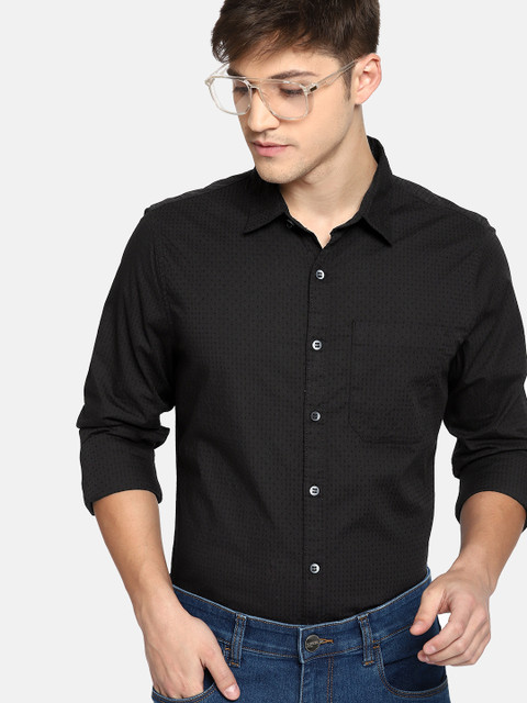 

SINGLE Men Black Slim Fit Self Design Casual Shirt