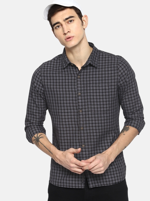 

SINGLE Men Black & Blue Slim Fit Checked Casual Shirt