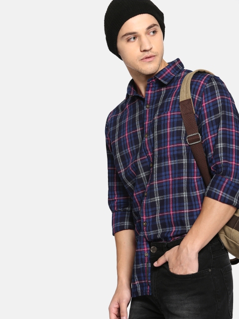 

SINGLE Men Navy & Red Slim Fit Checked Casual Shirt, Navy blue