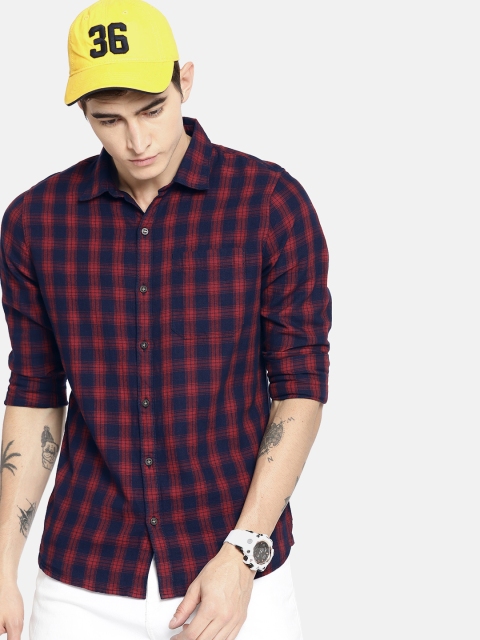 

SINGLE Men Navy & Red Slim Fit Checked Casual Shirt, Navy blue