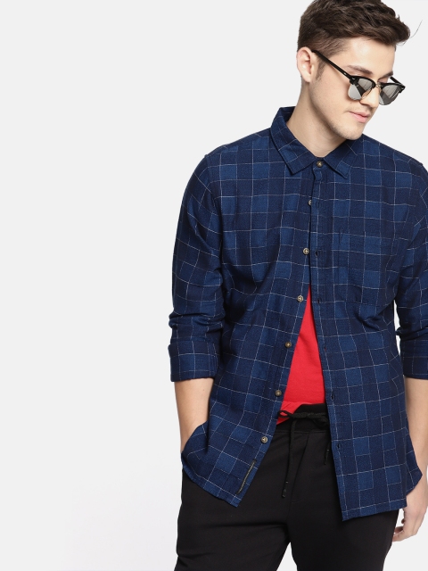 

SINGLE Men Navy Blue Slim Fit Checked Casual Shirt