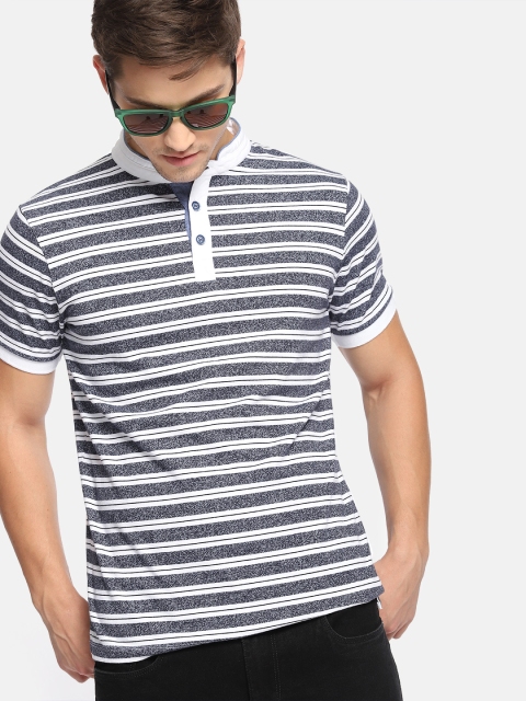 

SINGLE Men White Striped Mandarin Collar T-shirt