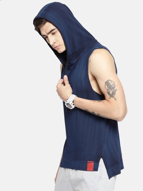 

SINGLE Men Navy Blue Solid Hood Longline T-shirt