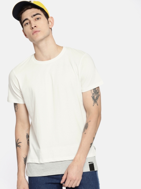 

SINGLE Men Off-White Solid Round Neck T-shirt