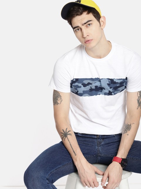 

SINGLE Men White & Blue Printed Round Neck T-shirt
