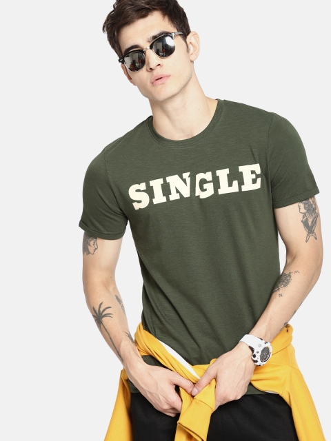 

SINGLE Men Olive Green Printed Round Neck T-shirt