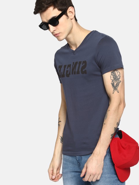 

SINGLE Men Navy Blue Printed V-Neck T-shirt