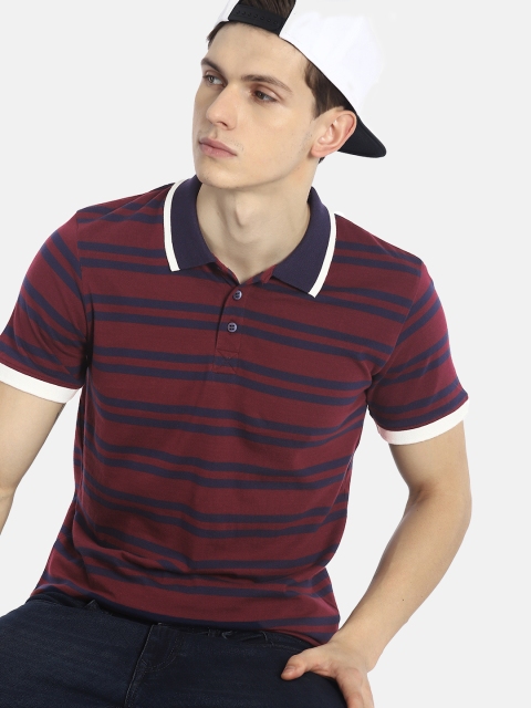 

SINGLE Men Maroon & Navy Blue Striped Polo T-shirt
