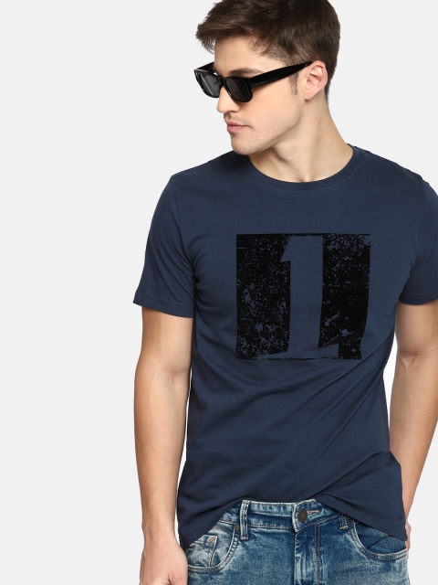 

SINGLE Men Navy Blue Printed Round Neck T-shirt