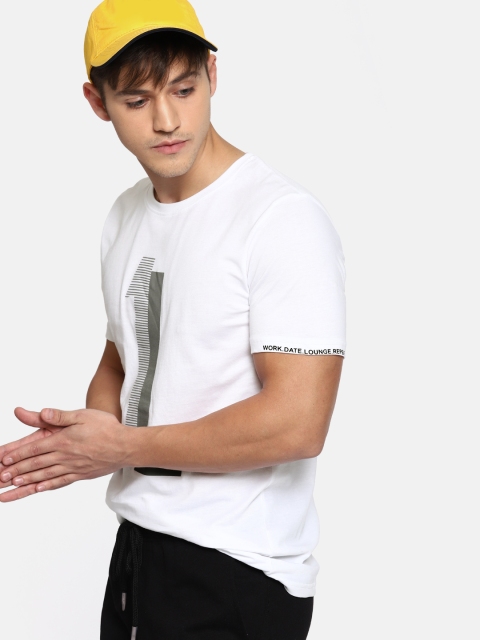 

SINGLE Men White Printed Round Neck T-shirt