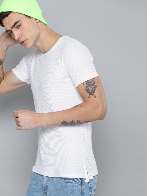 

SINGLE Men White Self Checked Round Neck T-shirt