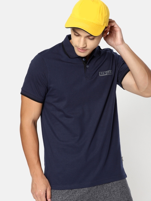 

SINGLE Men Navy Blue Solid Polo Collar T-shirt