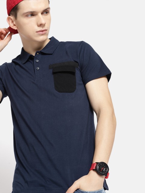 

SINGLE Men Navy Blue Solid Polo Collar Regular Fit T-shirt