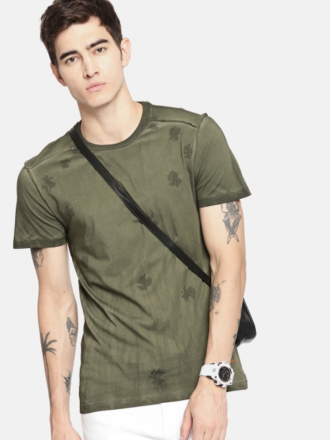 

SINGLE Men Olive Green Printed Round Neck T-shirt