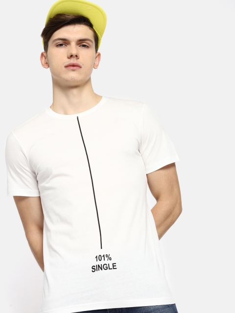 

SINGLE Men White Printed Round Neck T-shirt