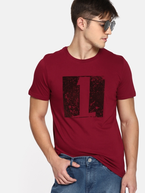 

SINGLE Men Maroon Printed Round Neck Pure Cotton T-shirt