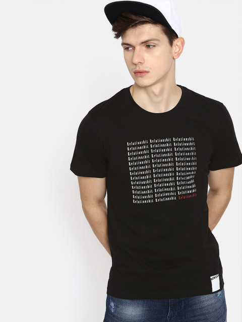 

SINGLE Men Black Printed Round Neck T-shirt