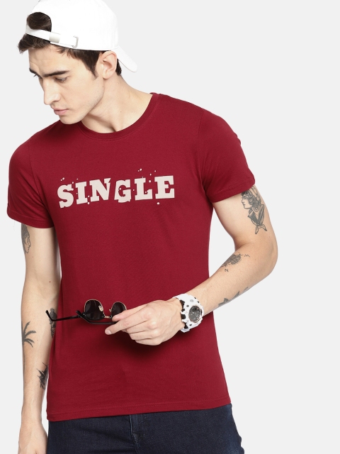 

SINGLE Men Maroon Printed Round Neck T-shirt