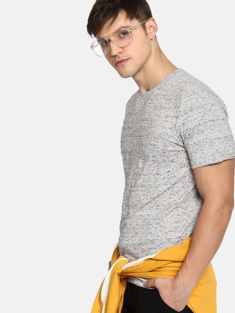

SINGLE Men Grey Melange Solid Round Neck T-shirt
