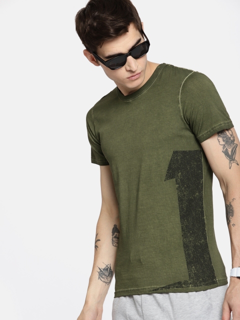 

SINGLE Men Olive Green Printed Round Neck T-shirt